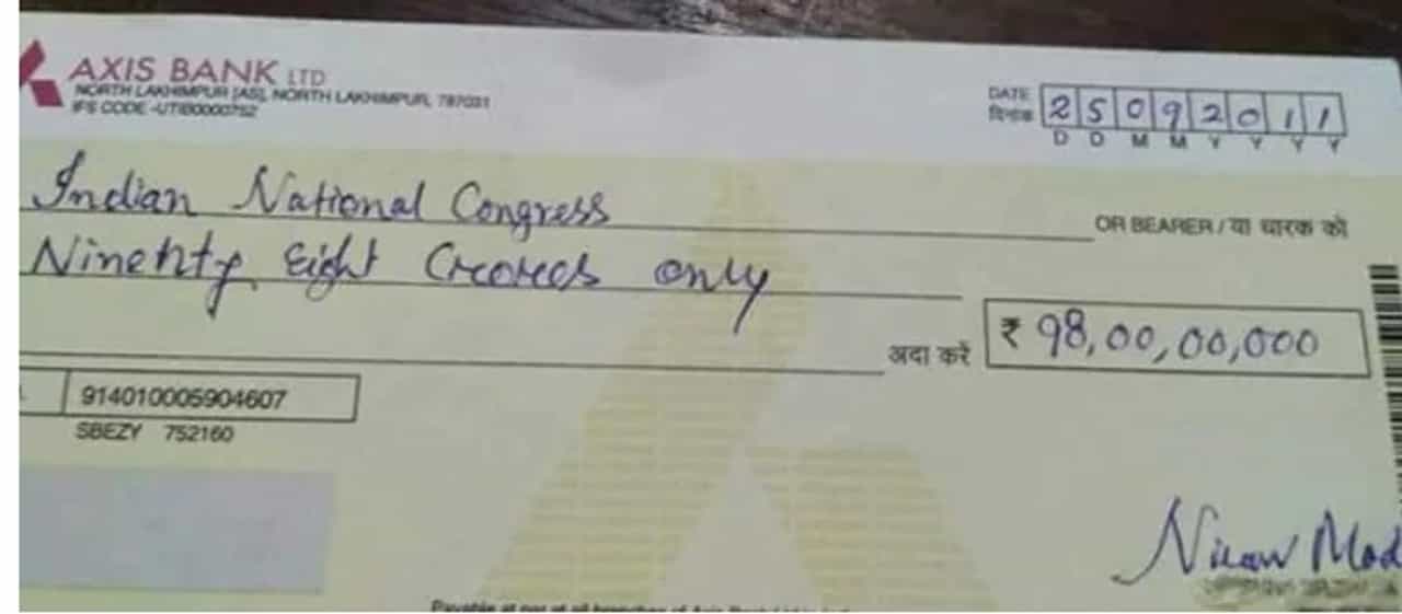 શું ખરેખર કોંગ્રેસે નીરવ મોદી પાસેથી 98 કરોડ રુપિયાનો ચેક લીધો છે?