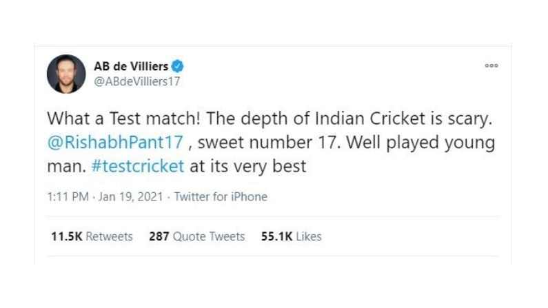 AB de villiersએ ઇન્ડિયાના ખેલાડીઓની પીઠ થાબડી