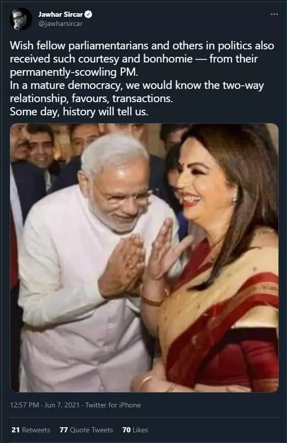 Jawhar Sircar tweeted Fake photo of PM modi and Neeta Ambani