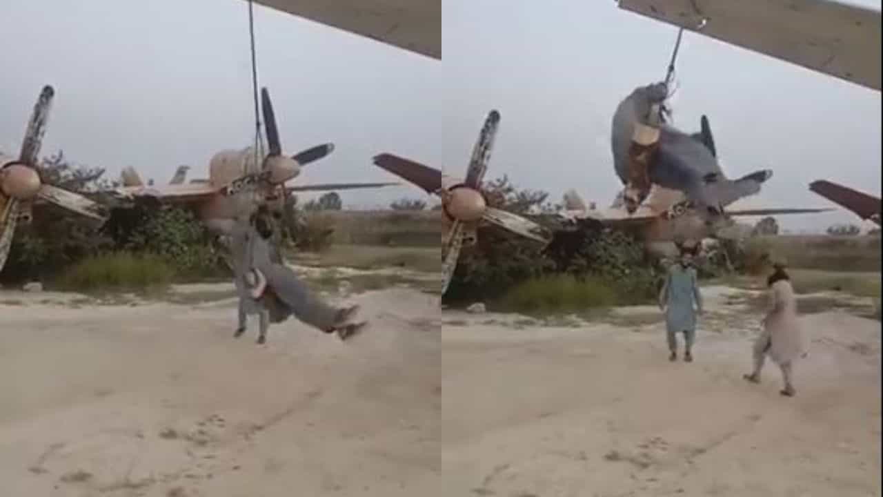 અમેરીકાના ફાઇટર વિમાન પર દોરડા બાંધીને હિંચકા ખાય રહ્યા છે તાલિબાનીઓ, જુઓ વીડિયો