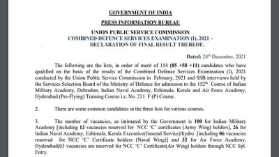 UPSC CDS Result 2021: UPSC CDS 1નું અંતિમ પરિણામ જાહેર, અપૂર્વ ગજાનન બન્યા ટોપર, જુઓ સંપૂર્ણ મેરિટ લિસ્ટ