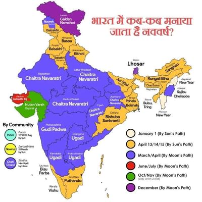 New Year Celebration in India State wise: પશ્ચિમી દેશોમાં નવું વર્ષ 1 જાન્યુઆરીથી શરૂ (Western Countries New Year) થાય છે. ભારતમાં (India) પણ લોકો અંગ્રેજી કેલેન્ડર પ્રમાણે તેનો આનંદ માણે છે. પરંતુ હિન્દુ કેલેન્ડર મુજબ, નવું વર્ષ (Hindu New Year 2022) ચૈત્ર પ્રતિપદાથી શરૂ થાય છે અને સામાન્ય રીતે માર્ચ અથવા એપ્રિલમાં આવે છે. ગુજરાતમાં, દિવાળીની આસપાસ એટલે કે ઓક્ટોબર-નવેમ્બરમાં, જ્યારે કચ્છ પ્રદેશમાં, જૂન-જુલાઈમાં અષાઢી બીજ તહેવાર સાથે નવું વર્ષ ઉજવવામાં આવે છે.
