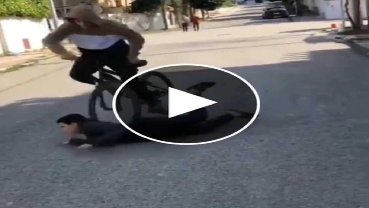 રસ્તા વચ્ચે સુતેલા શખ્સ પર ચડાવી સાયકલ, પાપડ જેવી થઈ હાલત ! જુઓ Funny Viral Video
