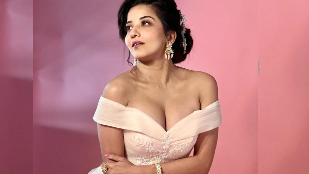 મોનાલિસાની આ તસવીરોમાં આપણે જોઈ શકીએ છીએ કે તેણે ઓફ શોલ્ડર પિંક કલરનો ખૂબ જ લક્ઝુરિયસ ગાઉન પહેર્યો છે.