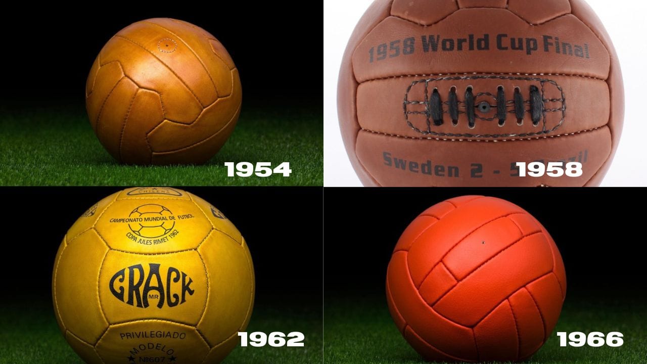 વર્ષ 1954 સ્વિટ્ઝરલેન્ડ વર્લ્ડકપમાં 18 પેનલ વાળા સ્વિસ ડબ્લયૂસી બોલનો ઉપયોગ કરવામાં આવ્યો હતો. વર્ષ 1958ના સ્વીડન વર્લ્ડકપમાં ટોપ સ્ટાર નામના બોલનો ઉપયોગ થયો હતો. આ બોલની પંસદગી 100થી વધુ ઉમેદવારોના ટેસ્ટ પછી થઈ હતી. વર્ષ 1962ના ચિલી વર્લ્ડકપમાં ક્રેક બોલનો ઉપયોગ થયો હતો. તેમા અષ્ટકોણીય પેનલ હતી. વર્ષ 1966ના ઈંગ્લેન્ડ વર્લ્ડકપમાં બોલનું નામ ચેલેન્જ હતુ. તેનો રંગ નારંગી હતો. 



