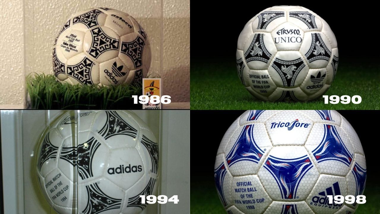 વર્ષ 1986ના મેક્સિકો વર્લ્ડકપમાં પહેલીવાર સિંથેટિકથી બનેલા એજટેકા બોલનો ઉપયોગ થયો. વર્ષ 1990ના ઈટલી વર્લ્ડકપમાં પોલીયૂરેથેનથી બનેલા ટ્રેવેસ્કો બોલનો ઉપયોગ થયો હતો. તે વજનમાં હળવો હોય છે. વર્ષ, 1994ના અમેરિકા વર્લ્ડકપમાં પોલિસ્ટ્રીનથી બનેલા કેસ્ટ્રા બોલનો ઉપયોગ થયો હતો. વર્ષ 1998ના ફ્રાન્સ વર્લ્ડકપમાં ફ્રાન્સના ઝંડાના રંગના ટ્રાઈકલર બોલનો ઉપયોગ થયો હતો. 
