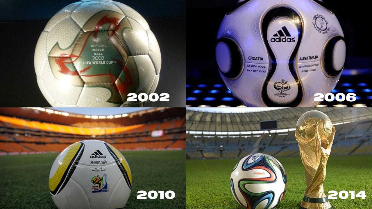 વર્ષ 2002ના કોરિયા-જાપાન વર્લ્ડકપમાં ત્રિકોણીય ડિઝાઈનવાળા આધુનિક વર્લ્ડકપના સૌથી શ્રેષ્ઠ બોલ ફેવરનોવાનો ઉપયોગ થયો હતો. વર્ષ 2006ના જર્મની વર્લ્ડકપમાં 14 પેનલવાળા ટિમજેસ્ટ બોલનો ઉપયોગ થયો હતો. વર્ષ 2010ના સાઉથ આફ્રિકાના વર્લ્ડકપમાં આઠ પેનલવાળા જાબુલાની બોલનો ઉપયોગ થયો હતો. તે ગતિ અને હવામાં અસામાન્ય રીતે સ્વિંગ થવાને કારણે ઈતિહાસનો સૌથી વિવાદિત બોલ રહ્યો હતો. વર્ષ 2014ના બ્રાઝીલ વર્લ્ડકપમાં બ્રાજૂકા બોલનો ઉપયોગ થયો હતો. આ બોલનું નામ ફેન્સની પસંદગી પરથી રાખવામાં આવ્યુ હતુ. તે 6 પેનલવાળો બોલ હતો. 