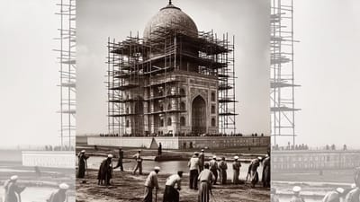 આર્ટિફિશિયલ ઈન્ટેલિજીન્સ  દ્ધારા શેયર કરવામાં આવેલા આ ફોટોમાં વર્ષો પહેલા મજૂરો યમુના કિનારે તાજમહેલનું બાંધકામ કરતા જોવા મળી રહ્યાં છે. આ ફોટોમાં તાજ મહેલના સ્તંભોનું નિર્માણ થતુ જોવા મળી રહ્યું છે. 