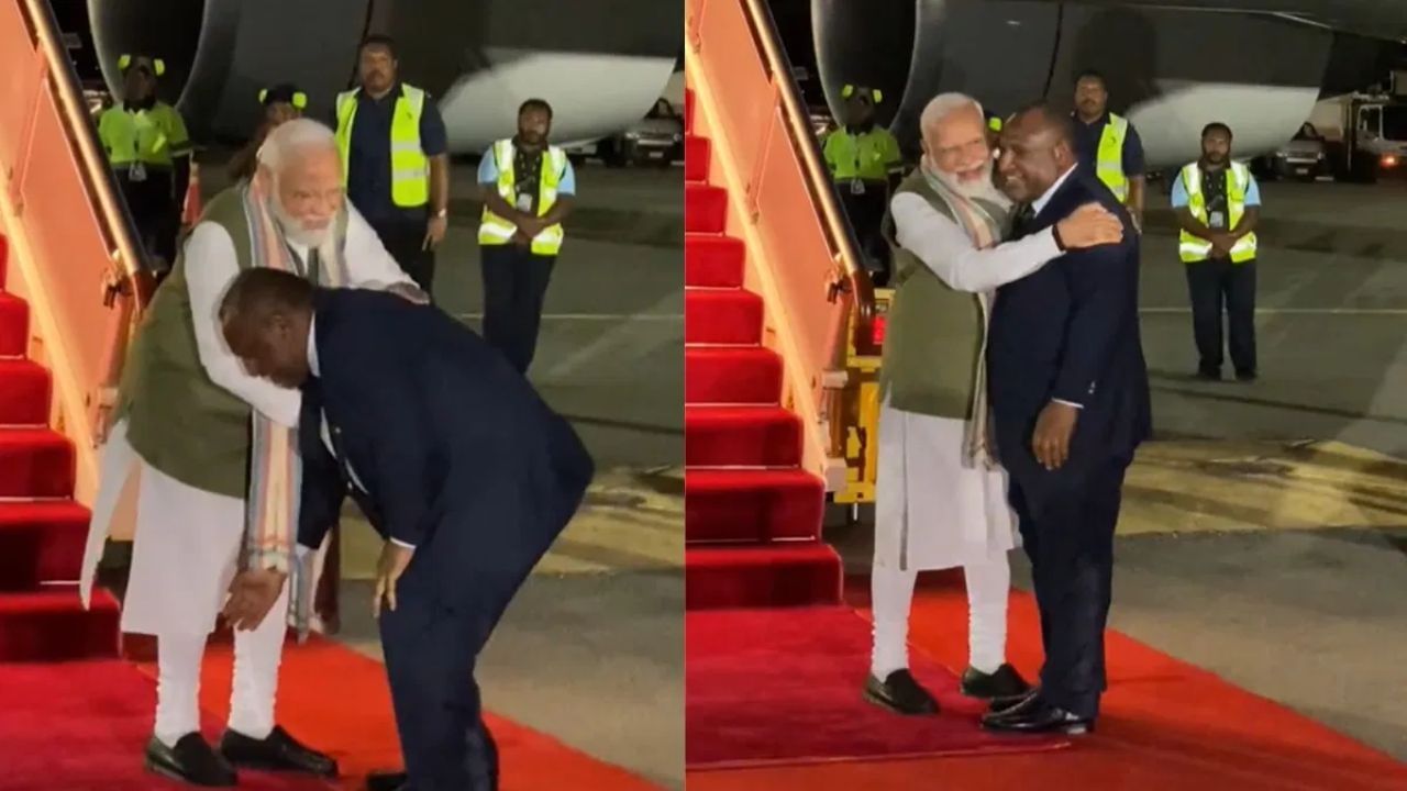 PM Modi in Papua New Guinea: પાપુઆ ન્યૂ ગિનીમાં PM મોદીનું ગ્રાન્ડ વેલકમ, એરપોર્ટ પર PM જેમ્સ મરાપેએ ચરણ સ્પર્શ કર્યા