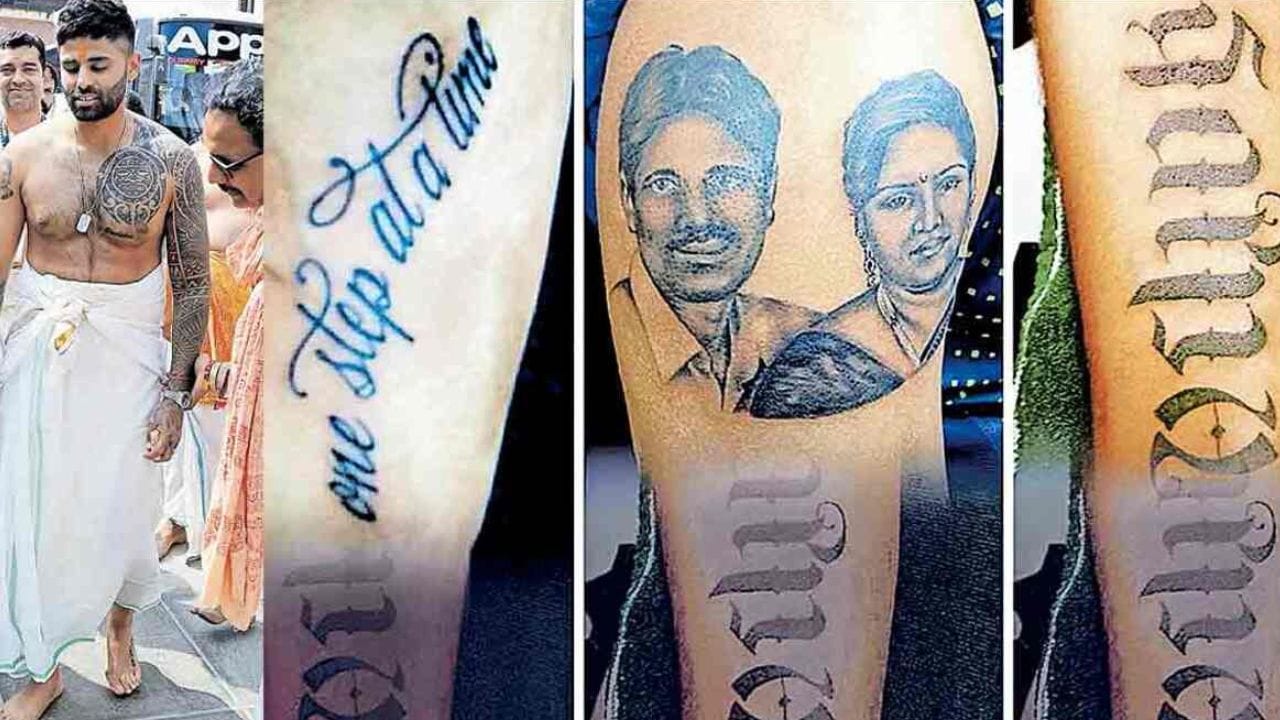 સૂર્યકુમાર યાદવ:મુંબઈના સ્ટાર બેટ્સમેન સૂર્યકુમાર યાદવે પણ અનેક ટેટૂ શરીર પર ચિતરાવ્યા છે, જેમાં જમણા હાથના ઉપરના ભાગે બનાવેલ તેના માતા-પિતાનું ટેટૂ ખુબ જ ખાસ છે. આ સિવાય તેની પત્નીનું નામ પણ તેના હાથ પર બનાવ્યું છે. 