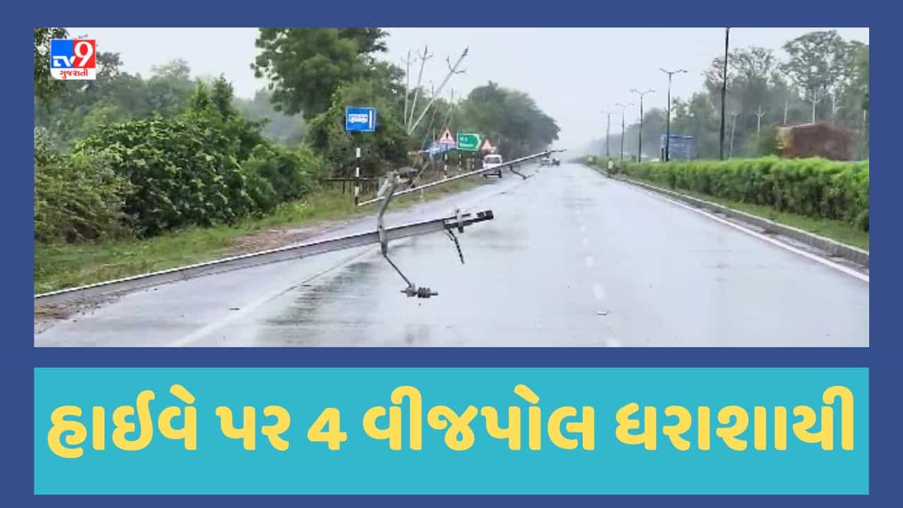Gujarati Video : ભારે પવન અને વરસાદથી હાલોલ-શામળાજી હાઇવે પર 4 વીજપોલ ધરાશાયી, ટ્રાફિકને ડાયવર્ટ કરવાની ફરજ પડી