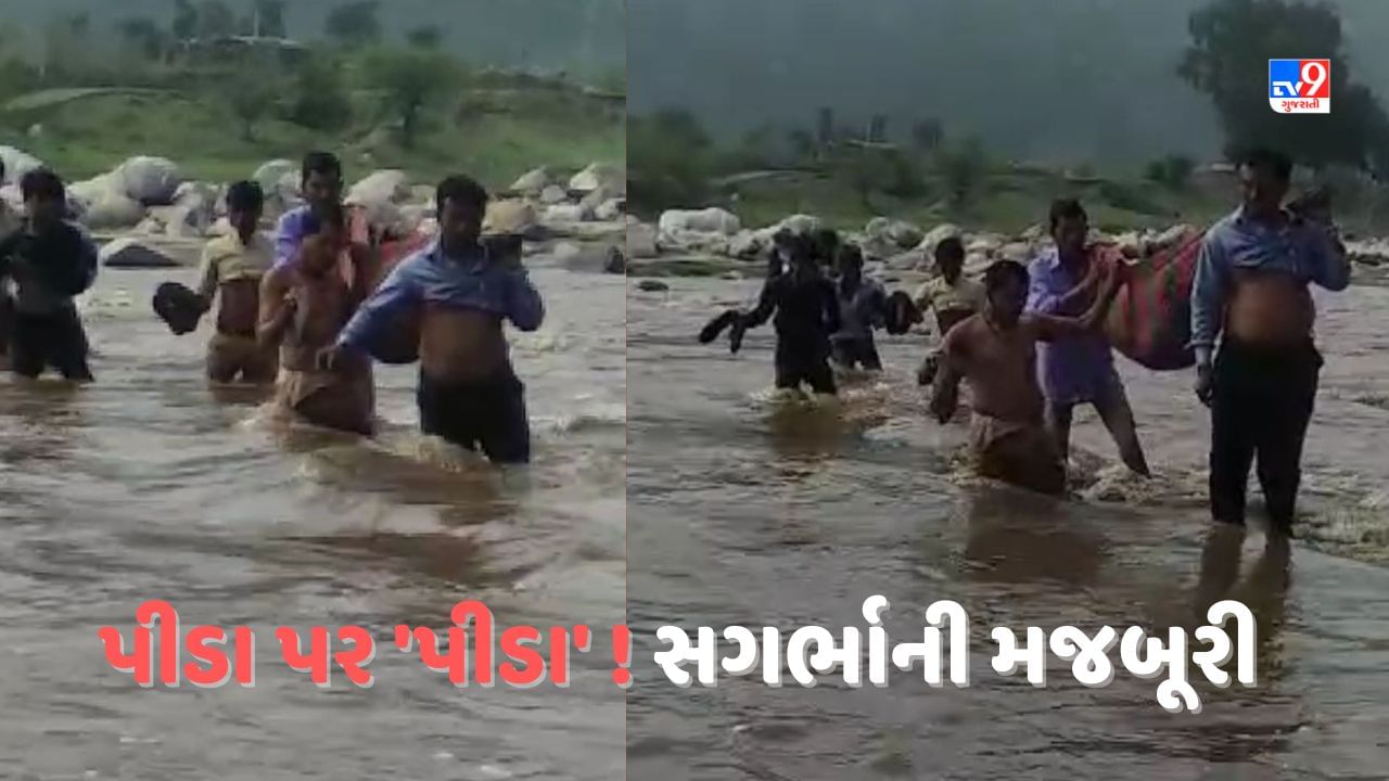 Gujarat Video: 'પીડા'પર પીડા! નદીમાં ધસમસતા પાણીમાંથી સગર્ભાને ઝોળીમાં નાંખી પરિવારે દવાખાને લઈ જવી પડી