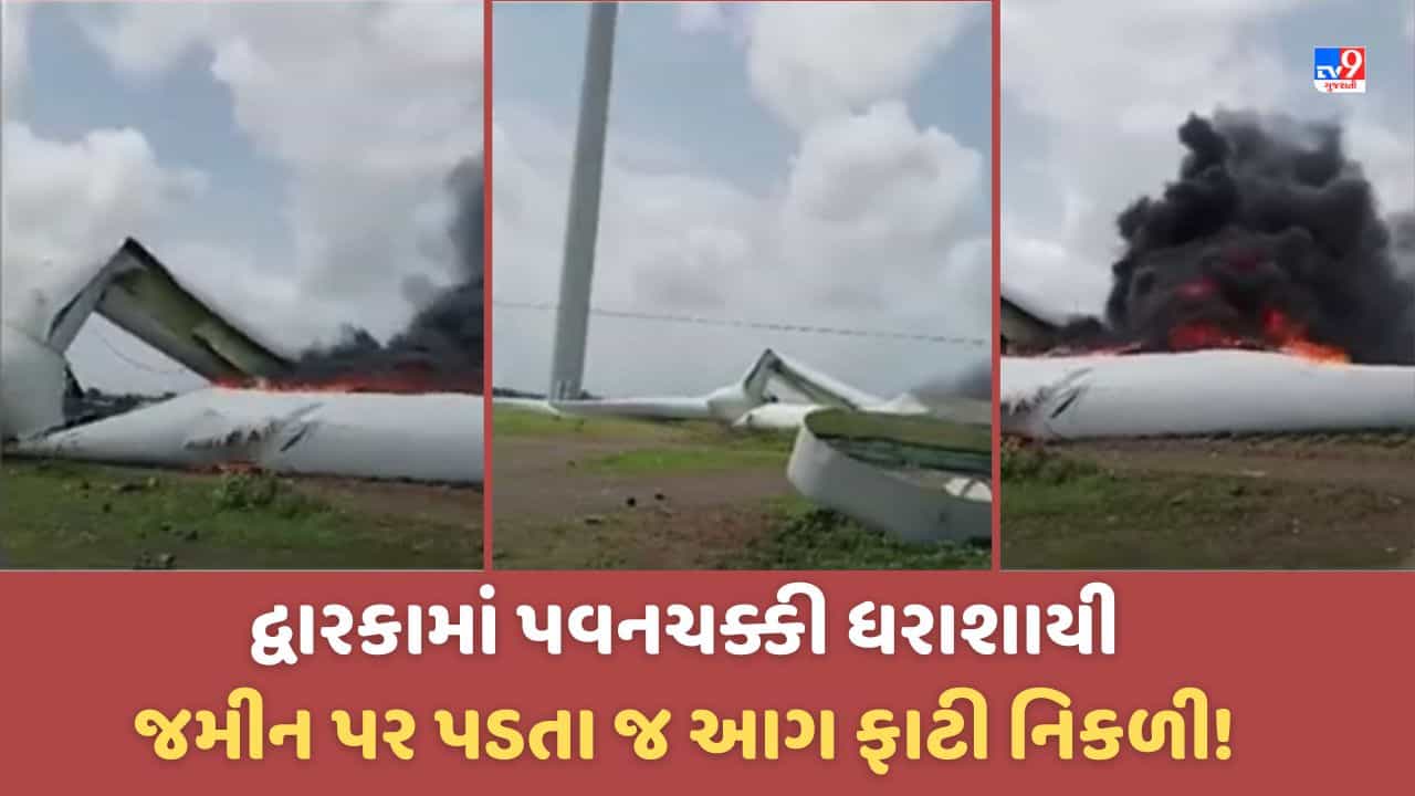 Dwarka: અચાનક જ પવનચક્કી ધરાશાયી થઈ ગઈ, જમીન પર પડતા જ ભીષણ આગ ફાટી નિકળતા દોડધામ-Vide