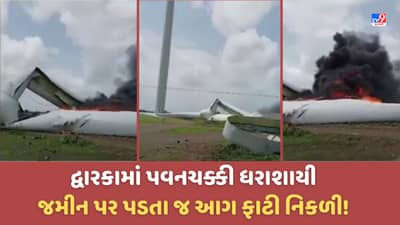 Dwarka: અચાનક જ પવનચક્કી ધરાશાયી થઈ ગઈ, જમીન પર પડતા જ ભીષણ આગ ફાટી નિકળતા દોડધામ-Vide