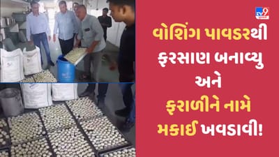 Rajkot: ફરાળ અને ફરસાણમાં ભેળસેળ! વોશિંગ પાવડરનો ઉપયોગ કરનારા સામે કાર્યવાહી, આરોગ્ય વિભાગના દરોડા, જુઓ Video Rajkot: ફરાળ અને ફરસાણમાં ભેળસેળ! વોશિંગ પાવડરનો ઉપયોગ કરનારા સામે કાર્યવાહી, આરોગ્ય વિભાગના દરોડા, જુઓ Video