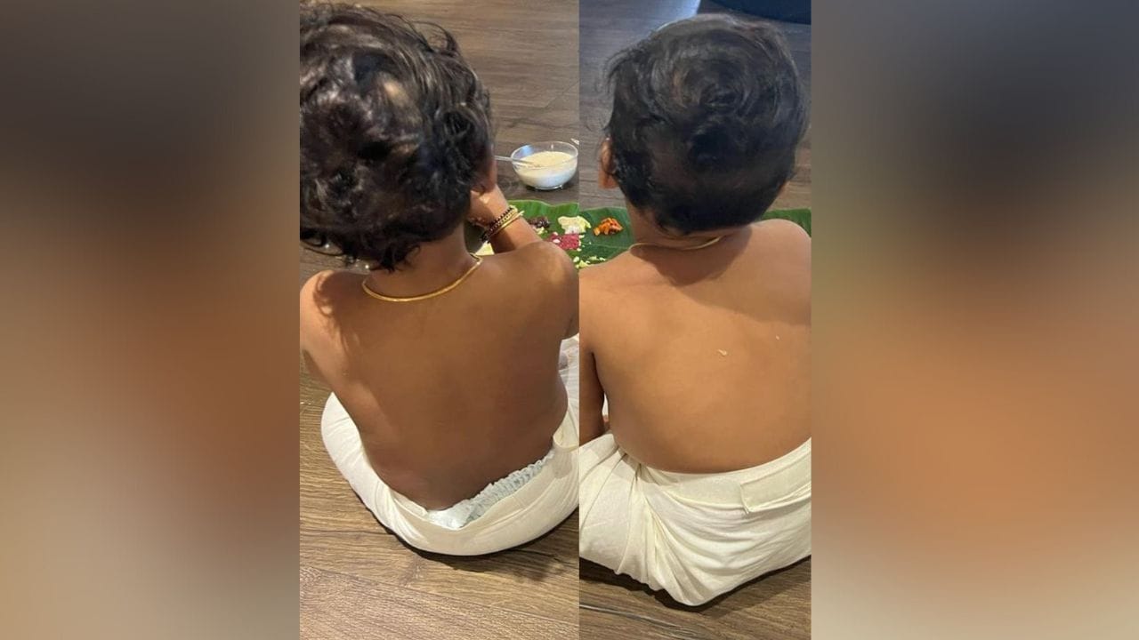 બીજી તસવીરમાં સફેદ ધોતીમાં બંને બાળકો ભોજનની મજા માણી રહ્યાં છે, બંનેની ક્યૂટ તસવીરો ઈન્ટરનેટ પર વાયરલ થઈ રહી છે. (Image: Instagram)