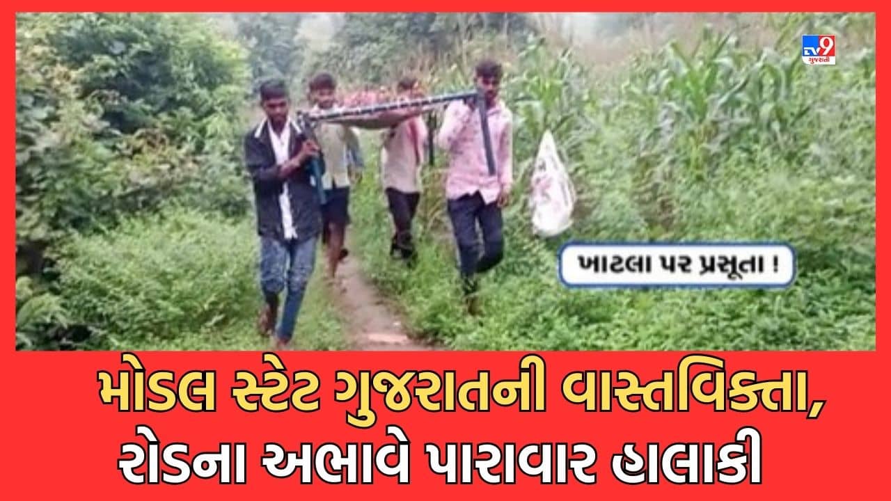 Video-વિકાસ મોડલની વાસ્તવિક્તા, રોડના અભાવે છોટા ઉદેપુરના અમાદ્રા ગામની પ્રસુતાને ખાટલામાં ઉંચકી મુખ્ય રોડ સુધી લઈ જવાની પડી ફરજ
