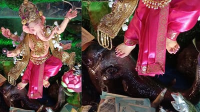 એક પગે હાથીના મસ્તક પર ઉભેલા સાદુ માટીના ગણેશજીની નાની મૂર્તિ અને અન્ય વિષ્ણુ ભગવાનની આંગળી પર ફરતા ચક્ર પર ઉભેલા 6 હાથ વાળા ગણેશજીની મોટી મૂર્તિ બિરાજમાન છે. હરિ (વિષ્ણુ) , હાથી (ગજેન્દ્ર), મગર , ત્રિકુટ  પર્વત અને સરોવર બનાવી, ભાગવત મહાપુરાણમાં વર્ણન કરેલ "ગજેન્દ્દ મોક્ષ" સ્તુતિ સૌ આવેલા ભક્તોને સમજાવી અને સંભળાવવામાં આવી રહી છે.