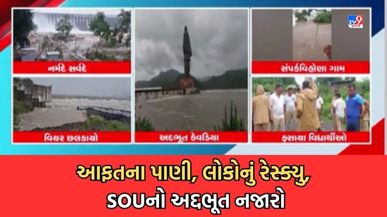 Rain Video: નર્મદા ડેમ છલોછલ થતા 23 દરવાજા ખોલી છોડાયું પાણી, સ્ટેચ્યુ ઓફ યુનિટી ખાતે અદ્દભૂત નજારો