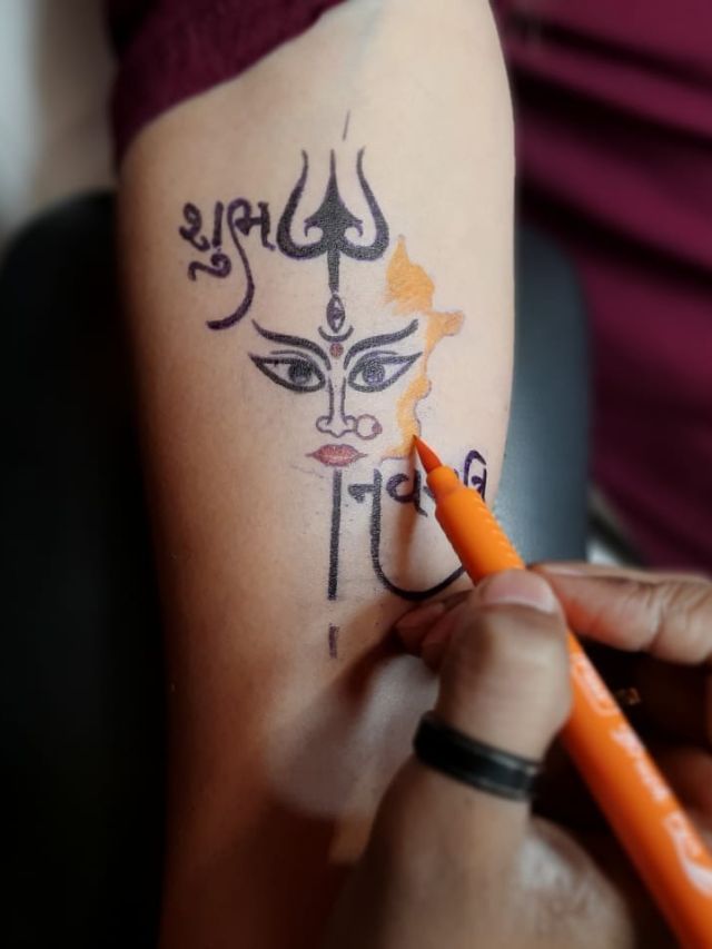 Gems Tattoo Studio - Radhe radhe Lord Krishna devotee came with idea to get  inked for a tattoo which consists of his name calligraphy as well as he  wanted to include flute