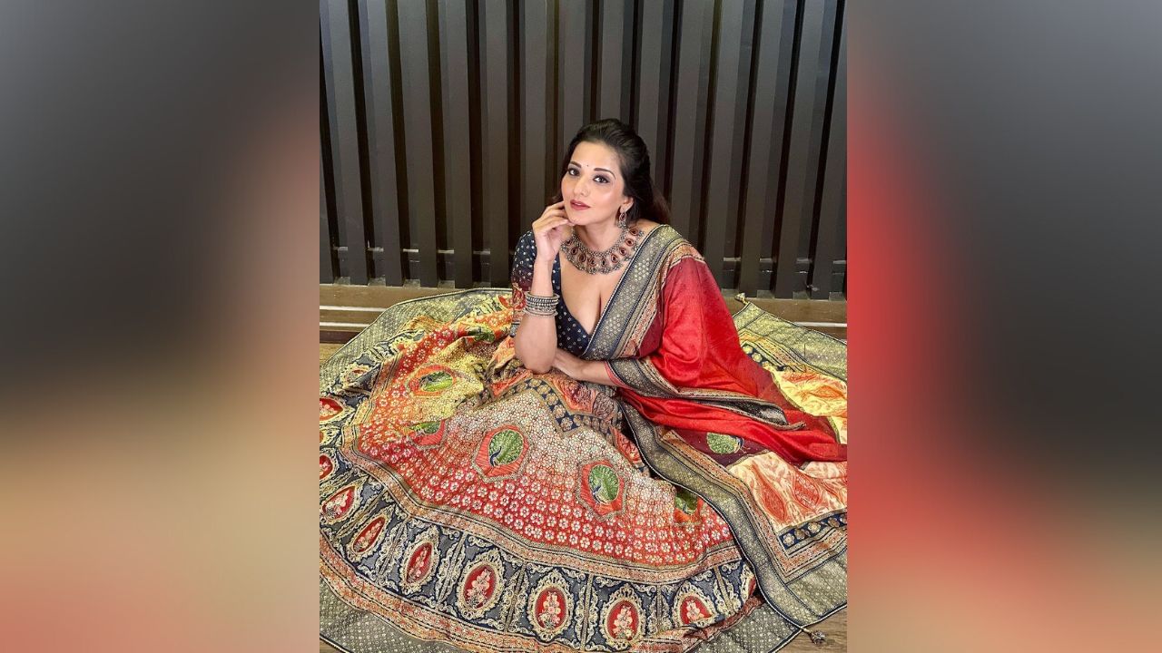 મોનાલિસાનો આ બ્લાઉઝ ખૂબ જ ડીપ નેક છે. એક્ટ્રેસે ખૂબ જ ક્યૂટ નેકલેસ અને મેચિંગ ઈયરિંગ્સ કૈરી કરી છે. (Image: Instagram)