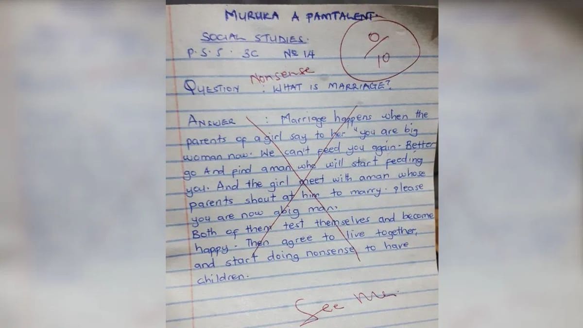 લગ્ન શું છે? વિદ્યાર્થીએ આપ્યો આ જવાબ, 0 માર્કસ મળ્યા, પણ ઈન્ટરનેટ પર બની ગયો હીરો લગ્ન શું છે? વિદ્યાર્થીએ આપ્યો આ જવાબ, 0 માર્કસ મળ્યા, પણ ઈન્ટરનેટ પર બની ગયો હીરો
