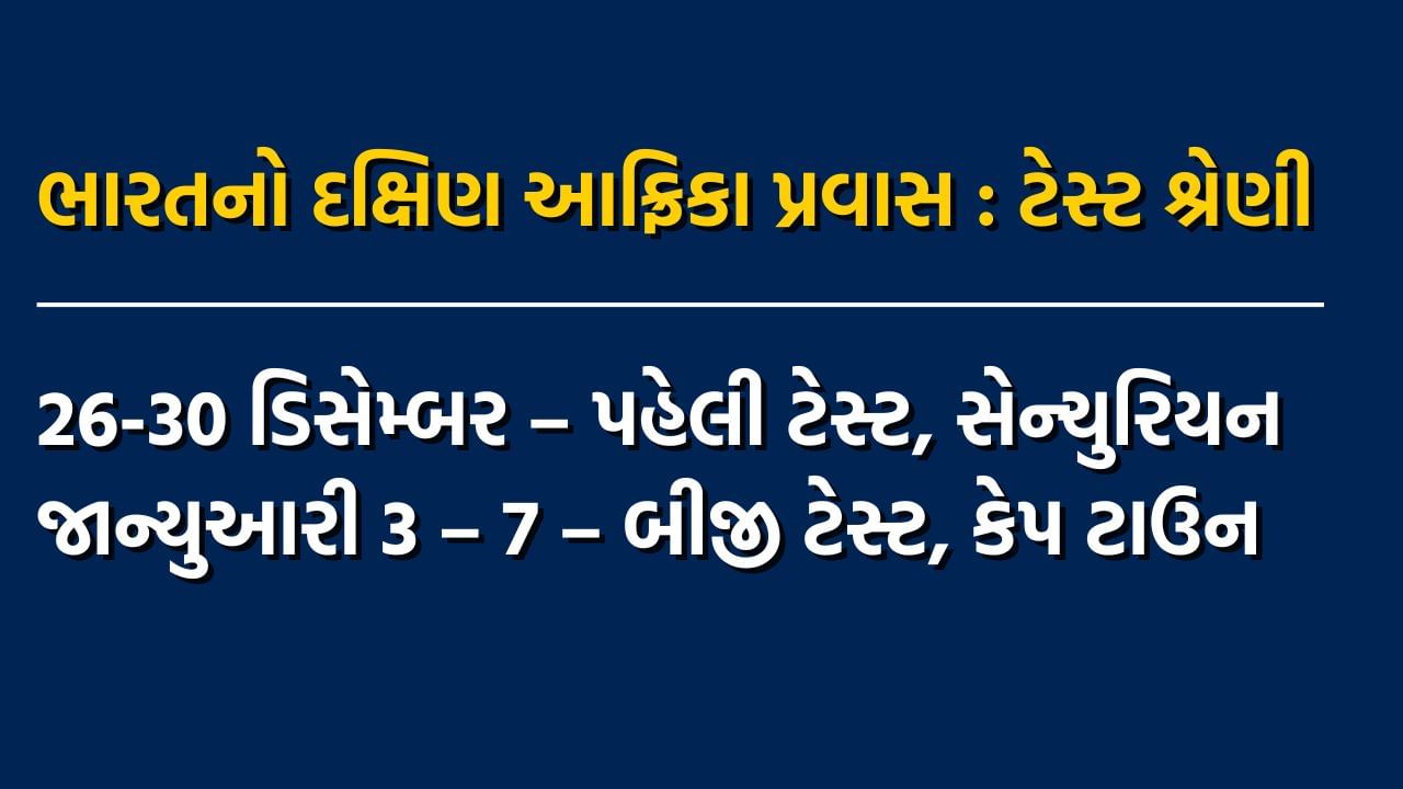 આ બાદ છેલ્લું ફોર્મેટ 26 ડિસેમ્બર દક્ષિણ આફ્રિકા Vs ભારત, પ્રથમ ટેસ્ટ સેન્ચ્યુરિયન ખાતે યોજવાની છે. અને અંતિમ મેચ 03 ડિસેમ્બર દક્ષિણ આફ્રિકા Vs ભારત, બીજી ટેસ્ટ કેપટાઉન ખાતે યોજાવાની છે. 