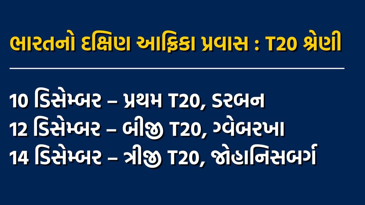 ભારતનો દક્ષિણ આફ્રિકા પ્રવાસની વિગત જોઈએ તો 10 ડિસેમ્બર દક્ષિણ આફ્રિકા vs ભારત, 1લી T20 ડરબન માં યોજાશે. જે બાદ 12 ડિસેમ્બર દક્ષિણ આફ્રિકા vs ભારત, બીજી T20 ગ્વેબરખા માં યોજાશે. અને 14 ડિસેમ્બર દક્ષિણ આફ્રિકા vs ભારત, ત્રીજી T20 જોહાનિસબર્ગ ખાતે રમાશે. 