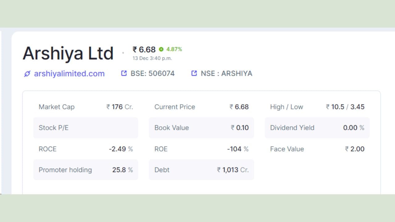 સ્ક્રીનર વેબસાઈટ પર ઉપલબ્ધ માહિતી અનુસાર આર્શિયા લિમિટેડ કંપની પર કુલ 1.013 કરોડ રૂપિયાનું દેવું છે. આ કંપનીની શેર હોલ્ડર પેટર્ન મૂજબ આર્શિયા લિમિટેડમાં પ્રમોટર્સ હોલ્ડિંગ 25.8 ટકા છે.