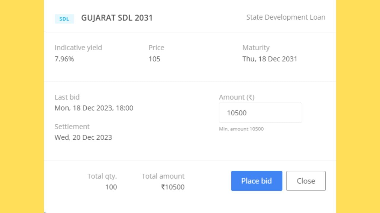 GUJARAT SDL 2031 માં રોકાણ માટે તમારે મિનિમમ 10500 રૂપિયાનું રોકાણ કરવું પડશે. ગુજરાત સરકાર દ્વારા રોકાણકારોને વાર્ષિક 7.96 ટકા ગેરેન્ટેડ રીટર્ન આપવામાં આવશે. રોકાણની અવધિ 8 વર્ષ છે અને તેની મેચ્યોરિટી 18 ડિસેમ્બર 2031 છે. આ ગવર્મેન્ટ સિક્યોરિટીઝમાં 10500 ના રોકાણ પર 8,800 રૂપિયા રિટર્ન મળશે એટલે કુલ તમને 19,377 રૂપિયા મળશે. આ મૂજબ અંદાજે 84.55 ટકા રિટર્ન મળ્યું ગણાય.