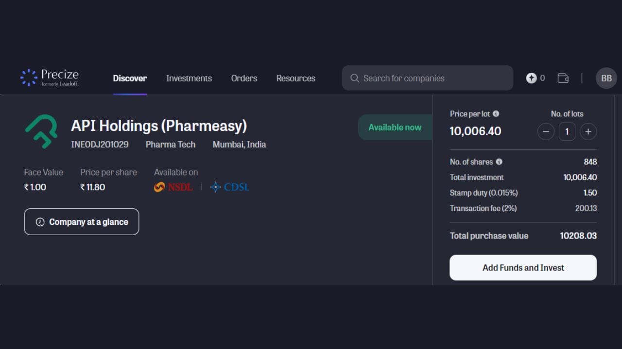 PharmEasy ના શેરની ફેસ વેલ્યુ 1 રૂપિયો છે અને શેરના ભાવ  11.80 રૂપિયા છે. કુલ 848 શેરની ખરીદી માટે તમારે 10,006.40 રૂપિયા ચૂકવવા પડશે. ટ્રાન્સેકશન ફી અને સ્ટેમ્પ ડ્યુટી મળીને કુલ 10208.03 રૂપિયા ચૂકવવાના રહેશે. જો તમારા વોલેટમાં ફંડ હશે તો તમે નાણાંની ચૂકવણી કરી શેરની ખરીદી કરી શકશો. જો બેલેન્સ નથી તો તમારે ફંડ એડ કરવું પડશે.