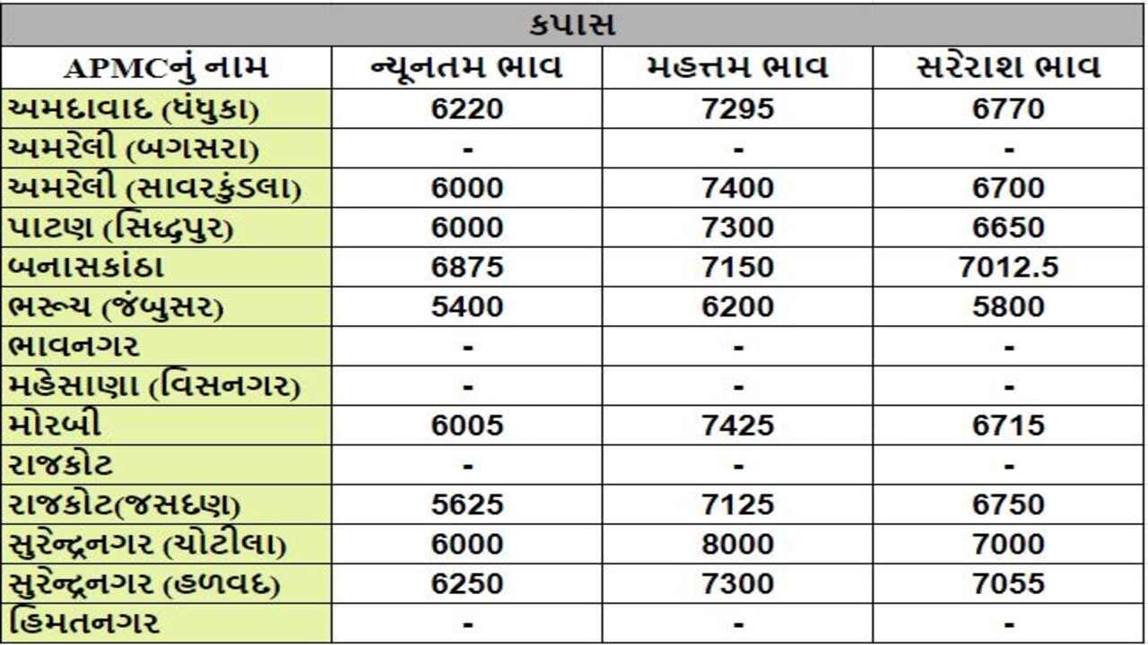 કપાસના તા.03-01-2024ના રોજ APMCના ભાવ રૂ.5400 થી 8000 રહ્યા.