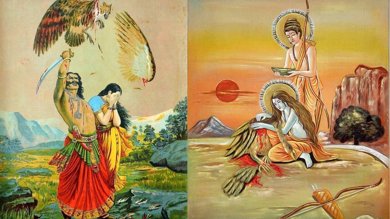 જટાયુએ રામના ખોળામાં પોતાના પ્રાણની આહુતિ આપી- ગીધ રાજા જટાયુને જોઈને ભગવાન શ્રી રામ તેને પોતાના ખોળામાં લઈ લે છે અને તેના ઘાયલ અવસ્થામાં હોવાનું કારણ પૂછે છે. આ પછી, જટાયુ ભગવાન શ્રી રામને માતા સીતાના અપહરણ વિશે જણાવે છે અને કહે છે કે હે રામ, જાનકીજીને લંકાના રાજા રાવણ દ્વારા હરણ કરી લેવામાં આવ્યું છે,જ્યાયે મે સીતાજીને છોડાવાનો પ્રયત્ન કર્યો, ત્યારે રાવણે મારી પાંખો કાપી નાખી.