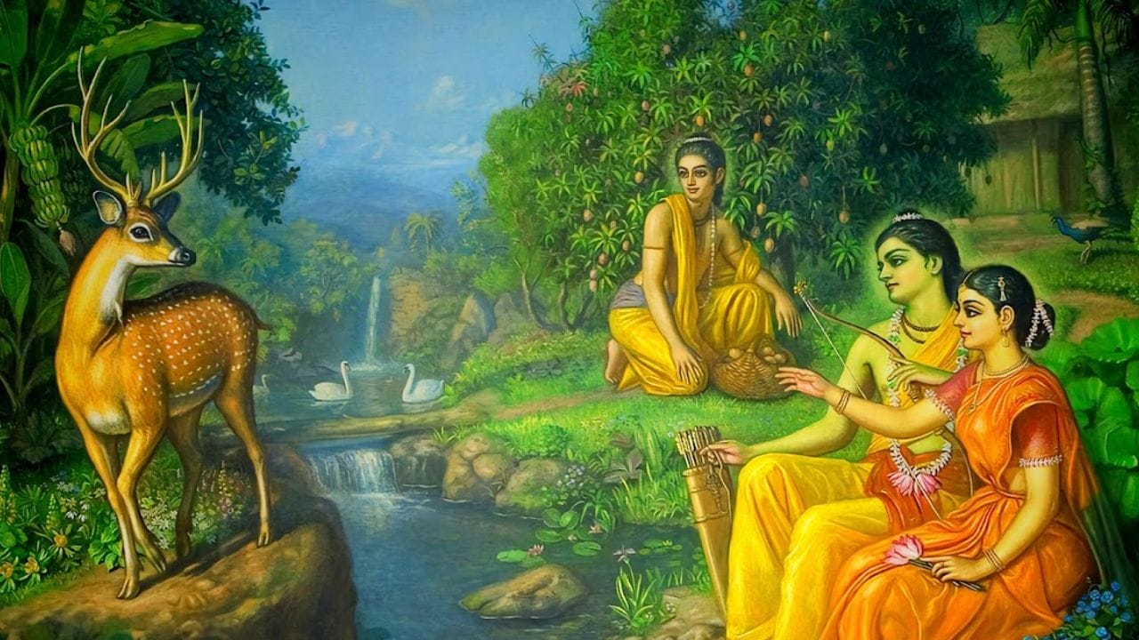 વાર્તા મુજબ, કપટી મૃગ મારીચને માર્યા પછી, જ્યારે ભગવાન શ્રી રામ અને લક્ષ્મણ તેમની ઝૂંપડીમાં આવે છે અને ત્યાં માતા સીતાને ન મળતાં દુઃખી થઈ જાય છે, ત્યારબાદ તેઓ જંગલમાં અને નદીના કિનારે જાનકીને શોધે છે. પણ તેમને સીતાજી ક્યાંય મળતા નથી.શોધતા શોધતા બંન્ને ભાઇઓ ગીધ રાજ જટાયુંને લોહિથી ખરડાયેલા બેશુદ્ધ હાલતમાં જુએ છે. તેમને જોઇ બંન્ને ભાઇઓ શોક કરવા લાગ્યા.