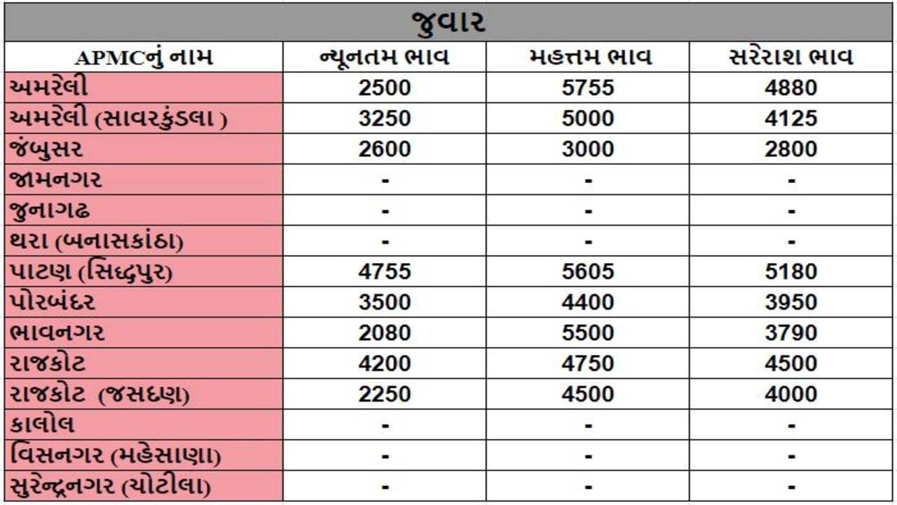 જુવારના તા.05-01-2024ના રોજ APMCના ભાવ રૂ.2080 થી 5755 રહ્યા.