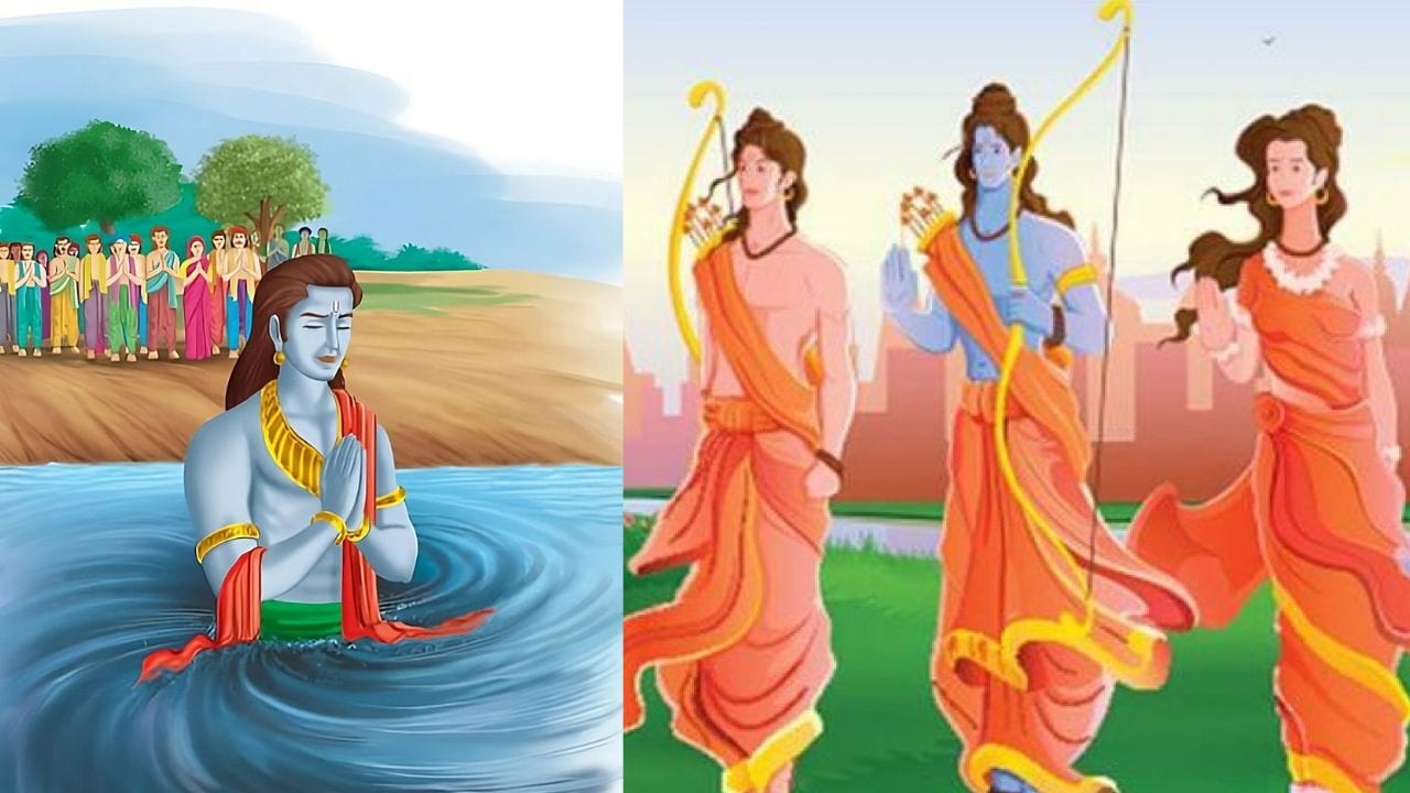 શ્રી રામે સરયુમાં સમાધિ લીધી હતી - પ્રથમ કથા અનુસાર જ્યારે શ્રી રામે માતા સીતાનો ત્યાગ કર્યો માતા સીતાએ અગ્નિ પરીક્ષા આપી પોતાની પવિત્રતા પુરવાર કરી હતી અને પછી માતા સીતાએ પુત્રો લવ અને કુશને ભગવાન શ્રી રામને સોંપી દીધા હતા અને ધરતીમાં સમાય ગયા હતા. એવું કહેવાય છે કે સીતાના જવાથી ભગવાન શ્રી રામ દુઃખી થયા અને યમરાજની સંમતિથી તેમણે સરયૂ નદીના ગુપ્તર ઘાટ પર જલ સમાધિ લીધી.