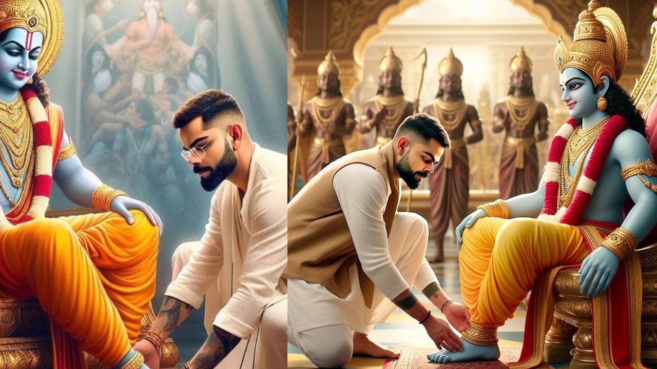 અયોધ્યામાં ભવ્ય રામ જન્મભૂમિ મંદિરના પ્રાણ પ્રતિષ્ઠા સમારોહ બાદ ભગવાન રામના બાળ સ્વરૂપના દર્શન થયા હતા. જે બાદ સોશિયલ મીડિયા પર પ્રભુ રામના ચરણોમાં શીશ ઝુકાવતા વિરાટ કોહલીના પર ફોટો સામે આવ્યા હતા. જોકે આ બધા એડિટ થયેલ ફોટા છે.