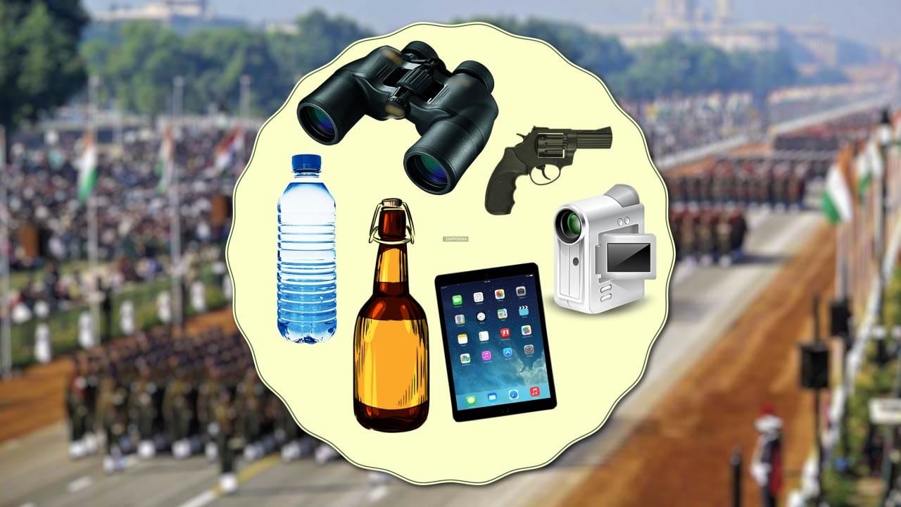 થર્મોસ, પાણીની બોટલ, કેન/પાઉચ, છત્રી, રમકડાની બંદૂક, આલ્કોહોલ, પરફ્યુમ, સ્પ્રે, છરી, કાતર, બ્લેડ, રેઝર, વાયર, કેમેરા, દૂરબીન, હેન્ડીકેમ, સિક્કા, શસ્ત્રો, દારૂગોળો, ફટાકડા, સિગારેટ, બીડી, લાઈટર, માચીસ બોક્સ, લેસર લાઈટ, કટાર, તલવાર, સ્ક્રુ ડ્રાઈવર વગેરે અંદર લઈ જવાની મનાઈ કરવામાં આવી છે.