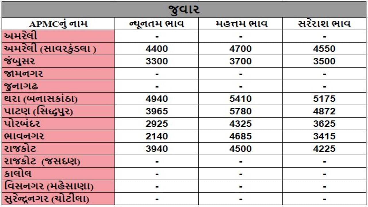 જુવારના તા.30-01-2024ના રોજ APMCના ભાવ રૂ.2140 થી 5780 રહ્યા.