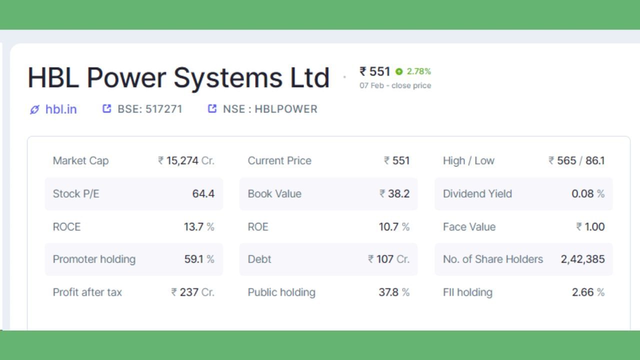 HBL પાવર સિસ્ટમમાં પ્રમોટર્સ હોલ્ડિંગ 59.1 ટકા છે, જ્યારે પબ્લિક હોલ્ડિંગ 37.8.4 ટકા છે. કંપનીમાં કુલ 2.42,385 શેરહોલ્ડર્સ છે. કંપનીનું કુલ માર્કેટ કેપ 15,274 કરોડ રૂપિયા છે, જ્યારે દેવું 37.8 કરોડ રૂપિયા છે. કંપનીનો ટેક્સ બાદનો નફો 237 કરોડ રૂપિયા છે. કંપનીની બોર્ડ મીટીંગમાં કુલ 175 કરોડ રૂપિયાના ચાલુ વર્ષના ખર્ચ માટે મંજૂરી આપી હતી. જેમાંથી 60 કરોડ રૂપિયાનું રોકાણ લિથિયમ Ion Cell ના પ્રોડક્શન પ્લાન્ટ માટે કરવામાં આવશે.