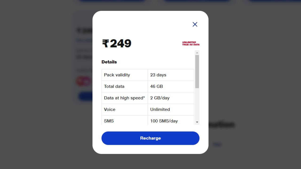 રિલાયન્સ જિયોના 249 રૂપિયાના પ્લાનની વેલિડિટી 23 દિવસની છે. Jioના 249 રૂપિયાના પ્લાનમાં ગ્રાહકોને દરરોજ 2 GB ડેટા આપે છે. એટલે કે ગ્રાહકોને કુલ 46 જીબી ડેટા મળે છે. 