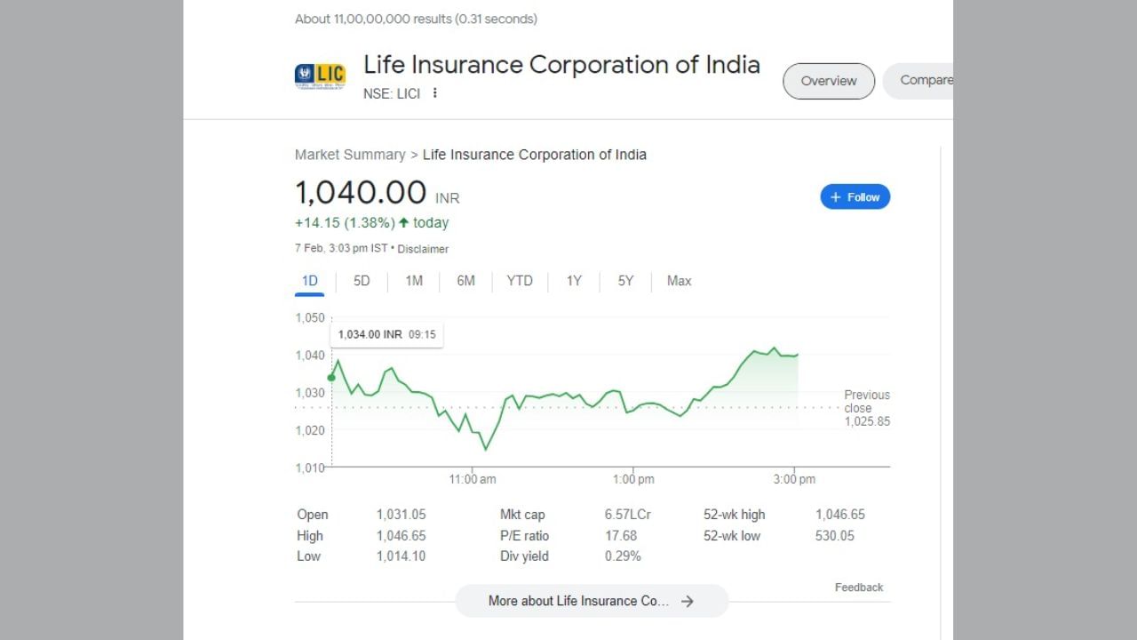 નરેન્દ્ર મોદીએ જ્યારે LIC વિશે વાત કરી ત્યારે 3:03 વાગ્યે તેના શેરના ભાવ 1040 રૂપિયા હતા. તે સમયે શેર ગઈકાલના બંધ ભાવથી અંદાજે 1.38 ટકા અથવા 14.15 રૂપિયાના વધારા સાથે ટ્રેડ થઈ રહ્યા હતા.