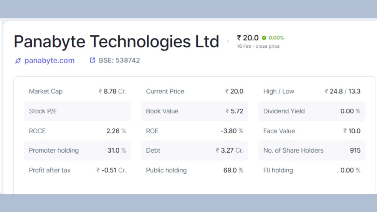 Panabyte ટેકનોલોજીસમાં પ્રમોટર્સ હોલ્ડિંગ 31 ટકા છે, જ્યારે પબ્લિક હોલ્ડિંગ 69 ટકા છે. કંપનીમાં કુલ 915 શેરહોલ્ડર્સ છે. કંપનીનું કુલ માર્કેટ કેપ 8.78 કરોડ રૂપિયા છે, જ્યારે દેવું 3.27 કરોડ રૂપિયા છે. કંપનીનો ટેક્સ બાદનો નફો -0.51 કરોડ રૂપિયા છે. (નોંધ: આ રોકાણની સલાહ નથી. શેરબજાર જોખમોને આધીન છે. કોઈપણ રોકાણ કરતા પહેલા નિષ્ણાતની સલાહ લો.)