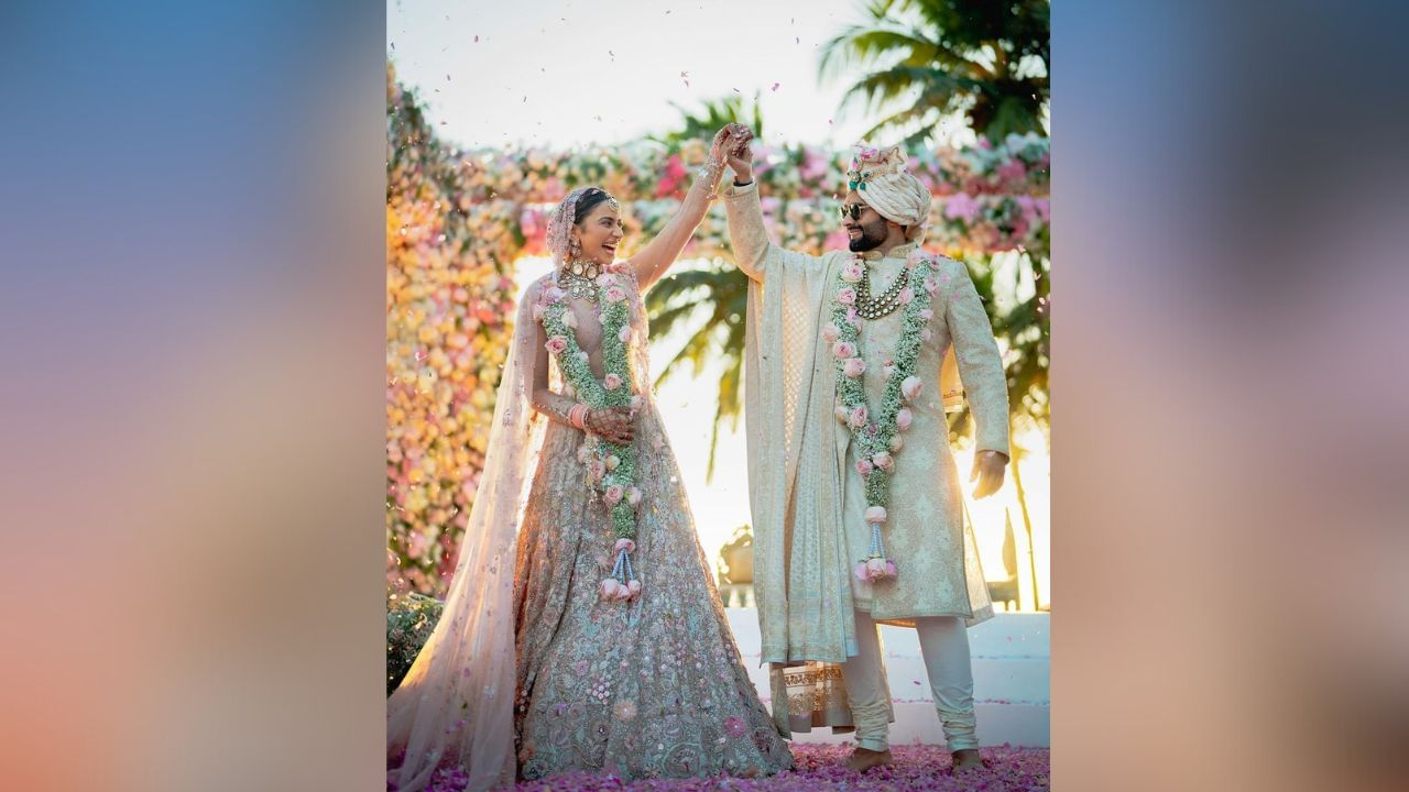While sharing the wedding pictures, Rakul Preet Singh wrote on Instagram- Mine now and forever.  Now both brothers."  In the first picture shared, Jackie is seen wearing dark glasses.  Both Rakul and Jackie are seen holding each other's hands and happiness is evident on both their faces.  (Image: Instagram)