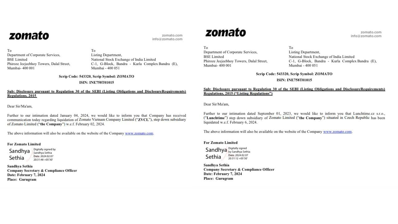 નાણાકીય વર્ષ 2023 ના અહેવાલ મુજબ, Zomato પાસે 16 પેટાકંપનીઓ, 12 સ્ટેપ ડાઉન પેટાકંપનીઓ અને એક સહયોગી કંપની હતી. તેમાં Zomato Payments, Blinkit Commerce અને Zomato Financial Servicesનો સમાવેશ થાય છે. હાલમાં હવે Zomato વિયેતનામ કંપની લિમિટેડ કંપની અને યૂરોપમાં પણ આ કંપની બંધ કરવાનો નિર્ણય લીધો છે.  