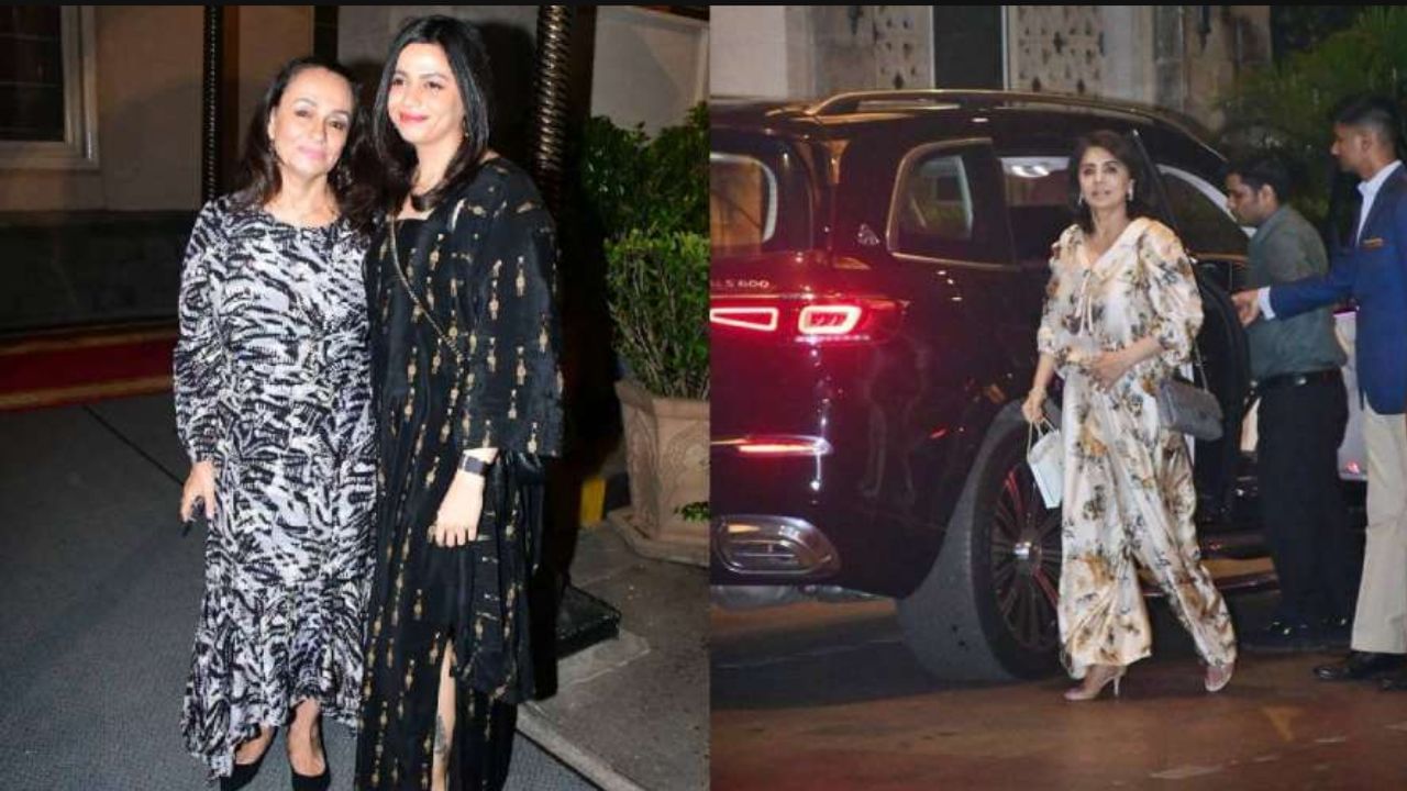 Mom arrived at daughter Alia's birthday party wearing a Soni Razdan dress and looked beautiful.  Another daughter Shaheen was also there. (Photo Credit- Viral Bhayani)