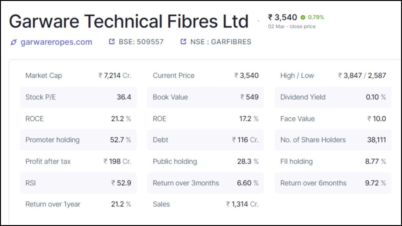 ગરવેર ટેકનિકલ ફાઈબર્સમાં પ્રમોટર્સ હોલ્ડિંગ 52.7 ટકા છે, જ્યારે પબ્લિક હોલ્ડિંગ 28.3 ટકા છે. કંપનીમાં કુલ 38,111 શેરહોલ્ડર્સ છે. કંપનીનું કુલ માર્કેટ કેપ 7214 કરોડ રૂપિયા છે, જ્યારે દેવું 116 કરોડ રૂપિયા છે. કંપનીનો ટેક્સ બાદનો નફો 198 કરોડ રૂપિયા છે. કંપનીએ ત્રણ મહિનામાં 6.60 ટકા, છ મહિનામાં 9.72 ટકા અને એક વર્ષમાં 21.1 ટકા રિટર્ન આપ્યું છે.