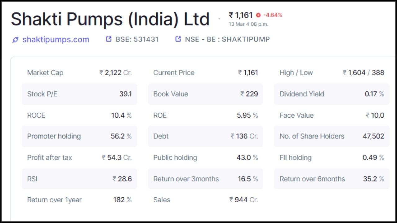 શક્તિ પંપમાં પ્રમોટર્સ હોલ્ડિંગ 56.2 ટકા છે, જ્યારે પબ્લિક હોલ્ડિંગ 43 ટકા છે. કંપનીમાં કુલ 47502 શેરહોલ્ડર્સ છે. કંપનીનું કુલ માર્કેટ કેપ 2122 કરોડ રૂપિયા છે, જ્યારે દેવું 136 કરોડ રૂપિયા છે. કંપનીનો ટેક્સ બાદનો નફો 54.3 કરોડ રૂપિયા છે. (નોંધ: આ રોકાણની સલાહ નથી. શેરબજાર જોખમોને આધીન છે. કોઈપણ રોકાણ કરતા પહેલા નિષ્ણાતની સલાહ લો.)