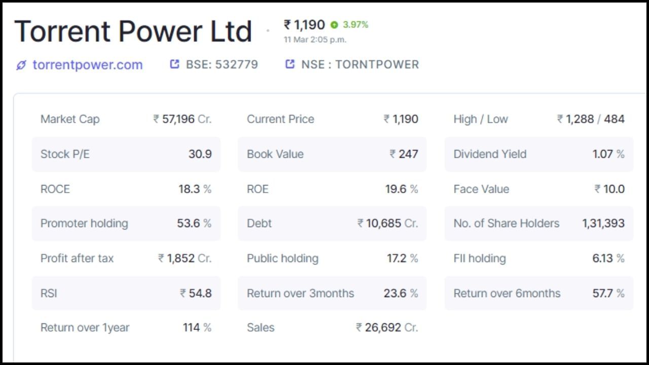 ટોરેન્ટ પાવરમાં પ્રમોટર્સ હોલ્ડિંગ 53.6 ટકા છે, જ્યારે પબ્લિક હોલ્ડિંગ 17.2 ટકા છે. કંપનીમાં કુલ 1,31,393 શેરહોલ્ડર્સ છે. કંપનીનું કુલ માર્કેટ કેપ 57,196 કરોડ રૂપિયા છે, જ્યારે દેવું 10,685 કરોડ રૂપિયા છે. કંપનીનો ટેક્સ બાદનો નફો 1852 કરોડ રૂપિયા છે. (નોંધ: આ રોકાણની સલાહ નથી. શેરબજાર જોખમોને આધીન છે. કોઈપણ રોકાણ કરતા પહેલા નિષ્ણાતની સલાહ લો.)