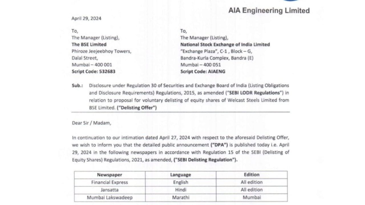 તમને જણાવી દઈએ કે AIA Engineeringની સબસિડિયરી કંપની Welcast Steels Ltd એ ડિલિસ્ટિંગની જાહેરાત કરી છે. આ માટે 29 એપ્રિલના રોજ કંપની દ્વારા અખબારોમાં જાહેરાત આપવામાં આવી છે.